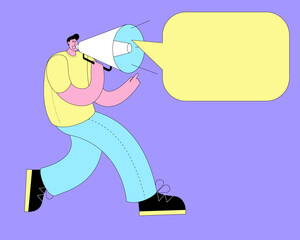 A man in a modern style shouts into a megaphone. Horizontal banner with space for text. Vector illustration on the theme of calling for something.