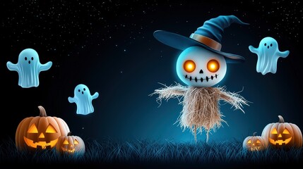 A spooky scarecrow with glowing eyes surrounded by carved pumkin
