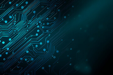 Abstract image of a glowing futuristic circuit board featuring neon blue lines, digital patterns, and intricate technology-inspired details.