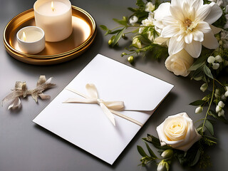 Wedding Card Mockup with Ribbon, Candlelight, and White Flowers