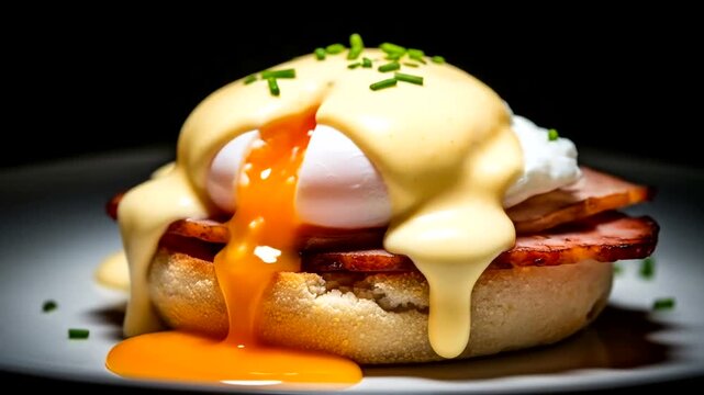 Delicious eggs benedict with runny yolk on a plate, garnished with chives