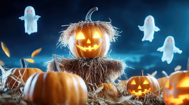 A spooky scarecrow with glowing eyes surrounded by carved pum