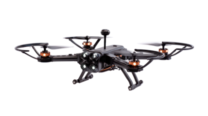 High tech quadcopter drone with camera isolated on transparent background