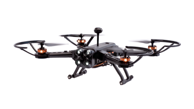High tech quadcopter drone with camera isolated on transparent background