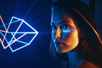 Porträt einer Frau mit geometrischen blauen Lichtprojektionen und futuristischem Hintergrund