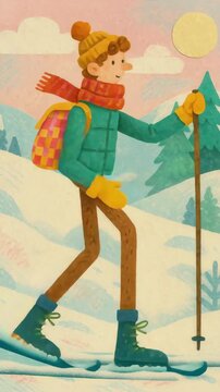 Whimsical video still of a cartoon hiker in winter gear, captured from a side angle, trekking through snowy mountains under a pastel sky. Live mobile wallpaper.