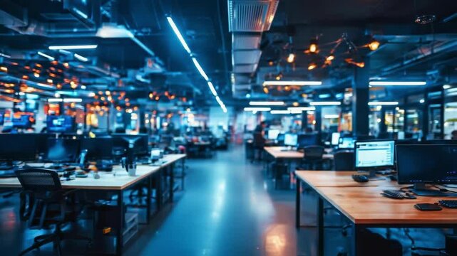 Open-plan tech office with long rows of desks and computer monitors under blue neon lighting in a busy modern workspace.
