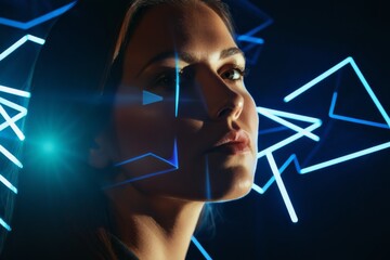 Porträt einer Frau mit geometrischen blauen Lichtprojektionen und futuristischem Hintergrund