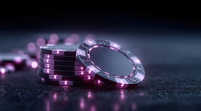 Futuristic Casino Chips With Purple Neon Glow on Dark Textured Surface with Bokeh Lights - Powered by Adobe