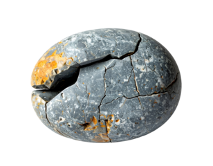 Oval grey stone with deep cracks and rusty mineral veins like a cracked egg on isolated background