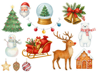 Watercolor Christmas decorations with wreath, gifts, stockings, sleigh, penguin and gingerbread house on transparent background