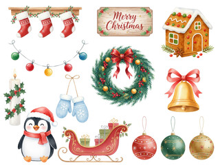 Watercolor Christmas decorations with wreath, gifts, stockings, sleigh, penguin and gingerbread house on transparent background