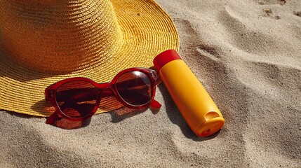 Beach Accessories Including Wide Brim Hat Sunglasses and Sunscreen Bottle on Sand