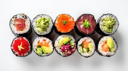 Assorted Sushi Rolls with Fresh Fish and Vegetables on White Background