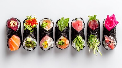 Assorted Sushi Rolls on White Background with Fresh Toppings and Bright Colors