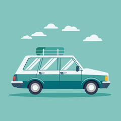 Vector illustration of a retro-style car with roof luggage rack under a blue sky – vintage travel vehicle graphic for road trip themes