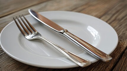 Empty White Plate with Knife and Fork on Wooden Table