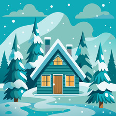 Cozy winter cabin in snowy pine forest with mountains background – cartoon vector illustration of peaceful holiday retreat