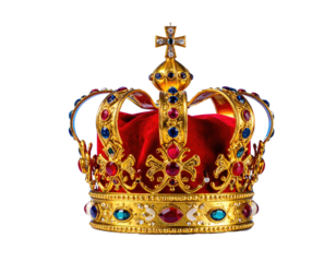 Ornate, jewel-encrusted golden crown with red velvet interior, isolated against black