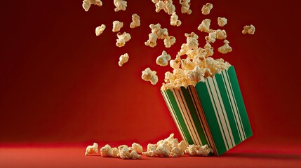 Upside Down Striped Popcorn Container with Falling Popcorn on Red Background