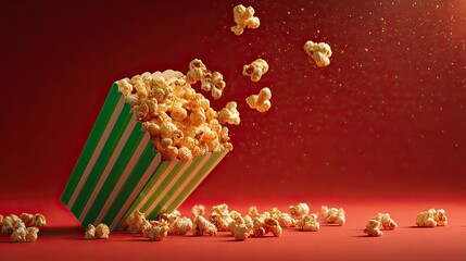 Popcorn in a Striped Container Spilling Onto Pink Surface with Flying Kernels and Dust Particles in Warm Lighting
