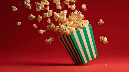 Popcorn Falling From Striped Container in Studio with Red Background