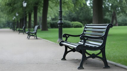 A clean, empty wooden bench in a quiet, beautifully maintained park