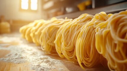 Fresh pasta nests sit on floury surface. Kitchen. Sunlight. Golden