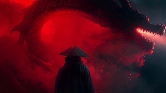 Mysterious Man in Wide Asian Hat with Neon Red Dragon Silhouette and Smoke &ndash; Cinematic Fantasy Portrait