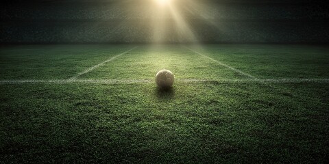 Soccer Ball on Green Grass Field at Sunset with Dramatic Lighting and Perspective