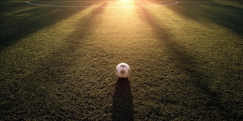 Soccer Ball Sitting on Green Grass Field at Sunset with Long Shadow in Outdoor Sports Setting