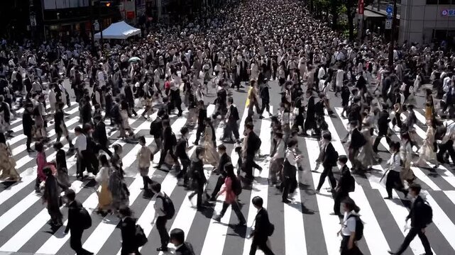 Dynamic Tokyo crosswalk scene showcasing bustling city life with crowds of pedestrians moving through Shibuya crossing, capturing urban energy and vibrant culture