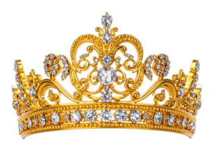 Elaborate, ornate gold tiara, adorned with sparkling, clear gemstones, isolated on black