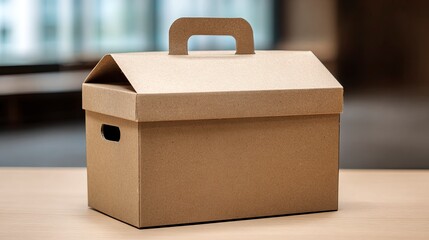 Plain Brown Cardboard Food Takeout Box with Handle on Wooden Surface in Modern Indoor Setting