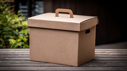 Plain Brown Cardboard Storage Box on Wooden Surface in Outdoor Setting