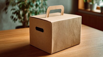 Beige Cardboard Storage Box with Handle on Wooden Table in Cozy Room