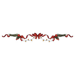Hand-drawn doodle Christmas garland with pine branches, satin ribbons, bows, and glowing lights. Cozy festive border illustration, perfect for holiday cards, packaging, and seasonal designs.