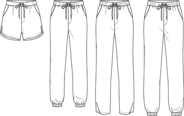Pants and shorts technical sketch, jogger, straight leg, curved hem, fashion cad, garment flat, apparel vector, cad drawing flat vector illustration