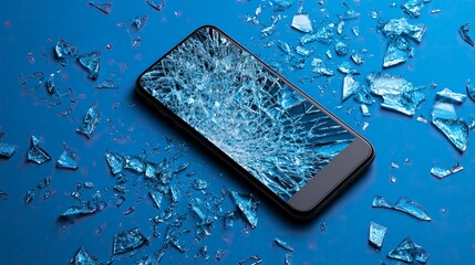 Broken Smartphone with Cracked Screen on Blue Surface Surrounded by Shattered Glass