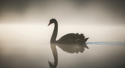 Naklejka premium Black Swan in Foggy Lake at Dawn