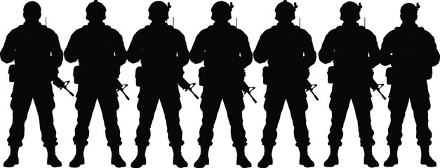 Soldier silhouette illustration, armed military figures, tactical gear, rifle pose, combat readiness, defense graphic, black outline, cad drawing flat vector illustration