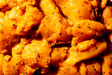 close-up of marinated chicken for pinchos morunos