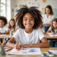 Smiling child painting in classroom, surrounded by classmates and creative activities