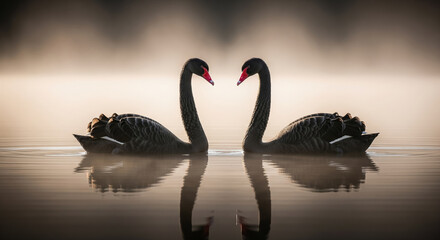 Two Black Swans Facing Each Other on Misty Lake