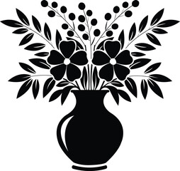 flower vase silhouette stylized black and white floral arrangement in a vase with leaves and berries vector art 