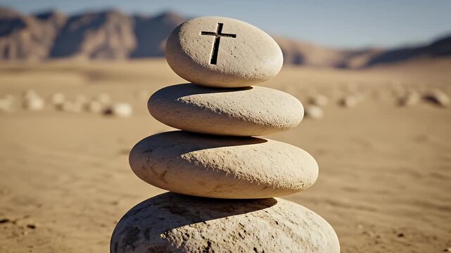 Stacked Stones with Cross Symbol in Desert Landscape Daylight