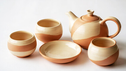 Handmade pottery bowls, handmade pottery plates, handmade pottery jugs, rustic handmade pottery sets with natural glaze, minimalist style terracotta kitchen accessories, rustic handmade pottery collec