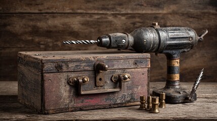 Vintage Handheld Power Drill with Wooden Case and Drill Bits on Rustic Wooden Surface