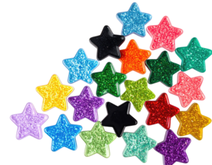A cluster of star-shaped, multicolored, glittery objects against a solid black background