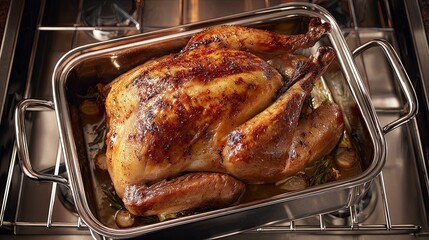 Roast Whole Chicken in Stainless Steel Roasting Pan Inside Oven